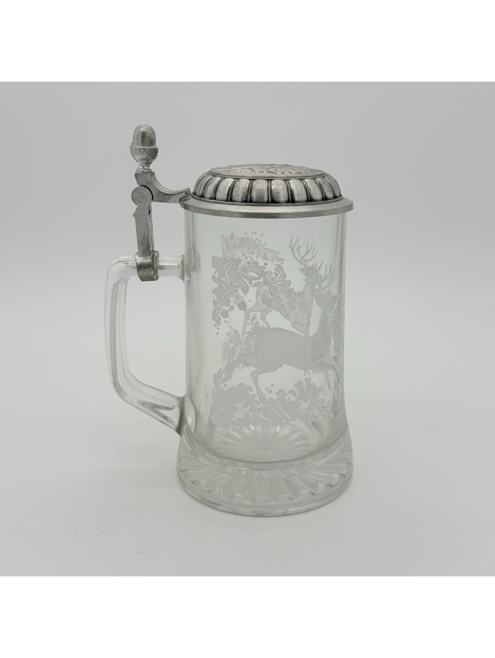 VTG German Elk Etched Clear Glass Beer Stein Mug Tankard Hinged Pewter Lid EC